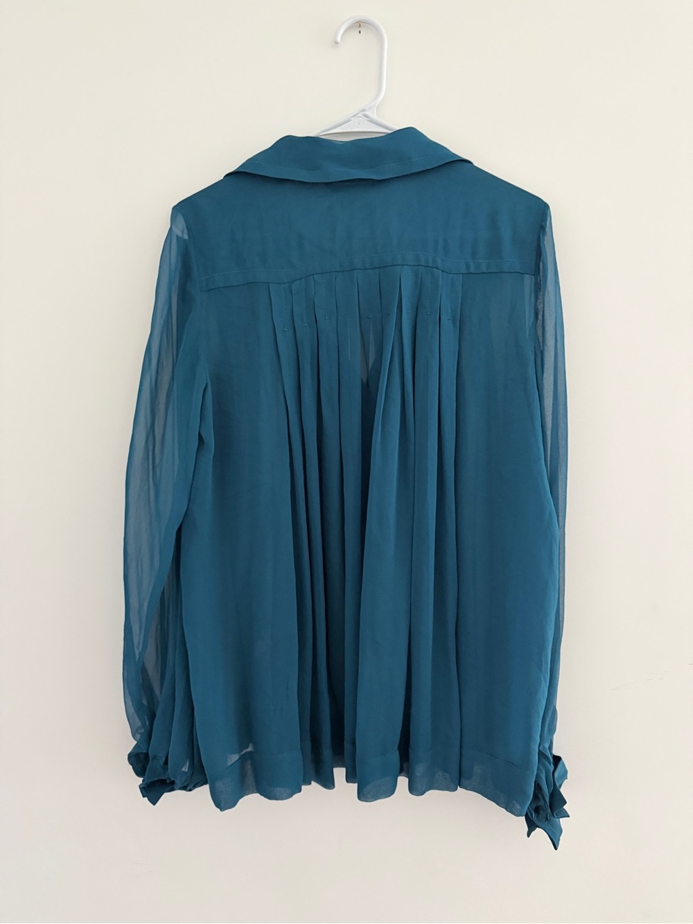 DVF sheer emerald Teal Blue Long-Sleeve Pleated Blouse - Picture 4 of 5